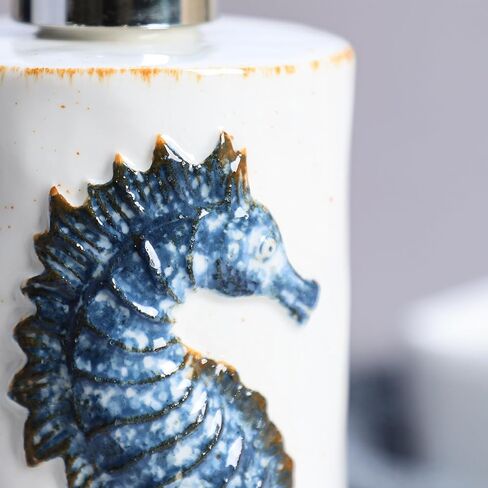 CHOOLD Ceramic Seahorse Dispenser with Plastic Pump, Refillable Lotion Soap Container, Lotion Bottle, Hand Soap Dispenser, Retro Blue with Brown in Kuwait