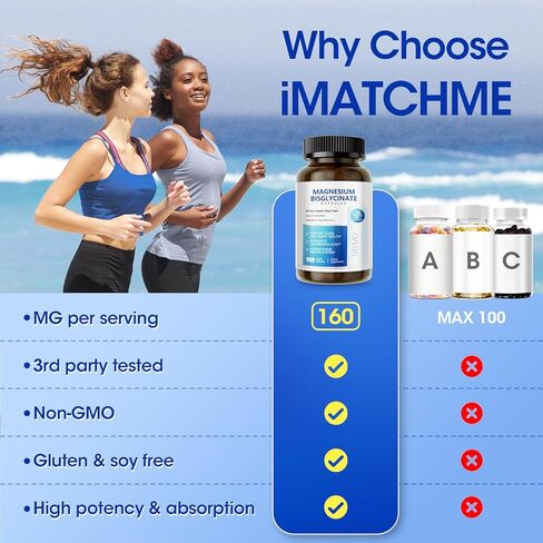 iMATCHME Magnesium Bisglycinate 100%, Magnesium Supplement Support to Sleep & Calmness,Heart Healthy, Muscle & Bones, Maximum Absorption,180 Capsules in Kuwait