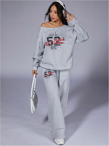 Women's Sweatsuits 2 Piece Set Off The Shoulder Oversized Sweatshirts and Wide Leg Sweatpants Fall Clothes in Saudi Arabia