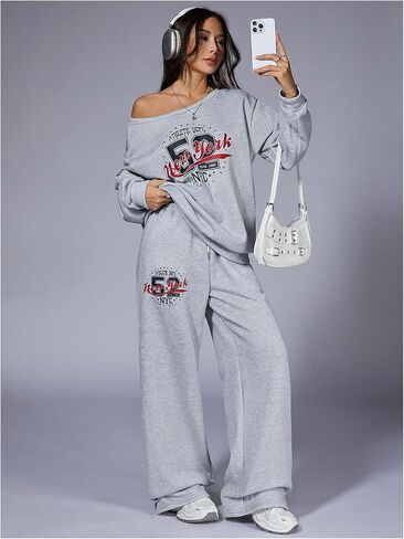 Women's Sweatsuits 2 Piece Set Off The Shoulder Oversized Sweatshirts and Wide Leg Sweatpants Fall Clothes in Saudi Arabia
