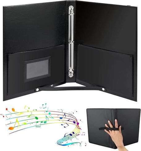 ورقة موسيقية مكونة من 3 حلقات، مجلد موسيقى جوقة من الجلد الصناعي مع حزام يد وجيوب، يناسب مقاس الحروف 8.5 بوصة × 11 بوصة وأوراق A4، منظم للجوقة والفرقة والأداء (أسود) in Kuwait