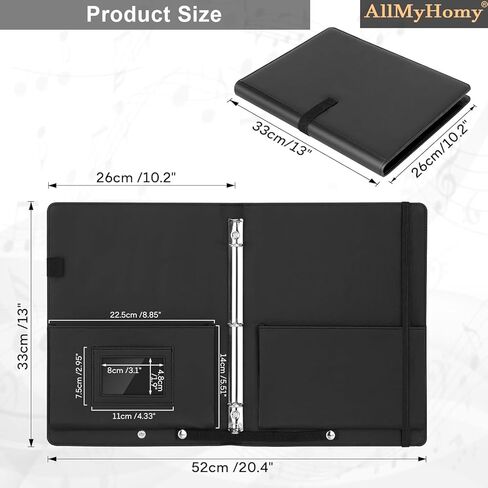 ورقة موسيقية مكونة من 3 حلقات، مجلد موسيقى جوقة من الجلد الصناعي مع حزام يد وجيوب، يناسب مقاس الحروف 8.5 بوصة × 11 بوصة وأوراق A4، منظم للجوقة والفرقة والأداء (أسود) in Kuwait