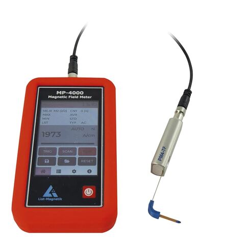 جهاز قياس النفاذية المغناطيسية المحمول LM-MP4000-4TF من PCE لاختبار المواد المغناطيسية، يبلغ قياسه 1000-5000 ميكرومتر بدقة ±5%، ويتميز بشاشة تعمل باللمس ونقل البيانات لاسلكيًا in Kuwait