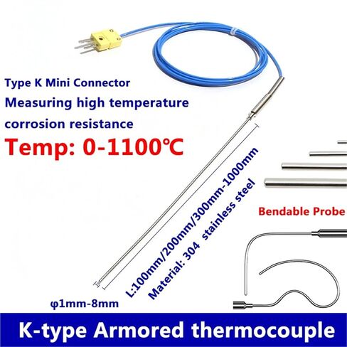 Thermocouple K Type Bendable Sensor Wire 1mm/2mm/3mm-8mm Dia 100/200/300mm WRNK-191 1Pcs(Probe diam 4X200mm) in Saudi Arabia