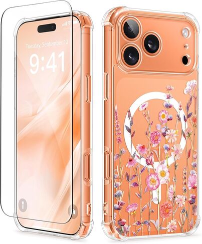 GVIEWIN for iPhone 17 Case, with Screen Protector+Camera Lens Protector, [NonYellowing] Clear Floral Slim Shockproof Protective Hard PC Back Women Phone Case for iPhone 17 6.3", Floratopia/Colorful in Saudi Arabia