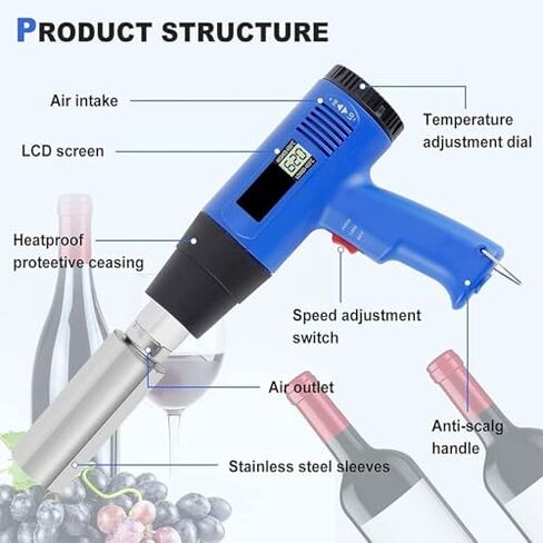 ماكينة تقليص أغطية الزجاجات بالحرارة، شاشة رقمية، ماكينة إغلاق أغطية زجاجات النبيذ، 9 سرعات قابلة للتعديل، مناسبة لـ PVC، PP، POF in Kuwait