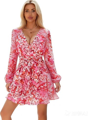 Long Sleeves Chiffon Print Wrap Front Mini Skater Dresses Spring Summer Dress in Kuwait
