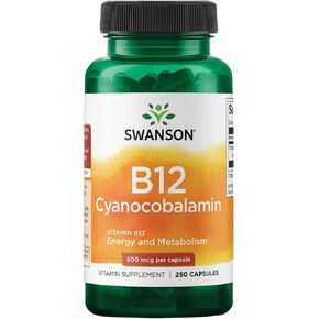 Swanson Vitamin B12 (Cyanocobalamin) - Vitamin Supplement Promoting Energy Metabolism, Nervous System Health & Heart Support - Supports Red Blood Cell Formation (250 Capsules, 500mcg Each) in Saudi Arabia