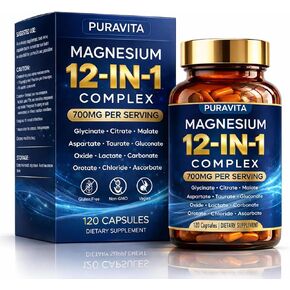 Puravita Magnesium Complex, Puravita 12 in 1 Magnesium Supplement 700mg with Glycinate, Citrate, Malate, Oxide, Taurate & More – High Absorption for Muscle, Nerve & Sleep Support, 120 Capsules in Kuwait