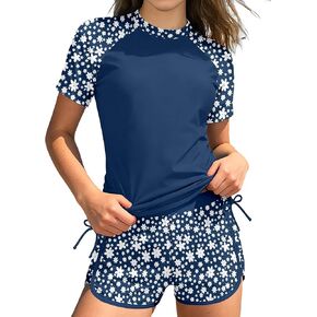 AGAPENG Girls Swimsuit Two Piece Short Sleeve Rash Guard Floral Print Ruched Girls Bathing Suit UPF 50+ Swimwear for 9-16Y in Kuwait