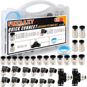 32PCS Push-to-Connect Fittings Kit - 1/2", 3/8", 1/4" NPT Thread Quick Connect Air Fittings for Pneumatic Tools, Air Brake Systems, Industrial Manufacturing & Automotive Repair in Kuwait