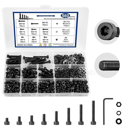 560 قطعة من مجموعة البراغي المترية M4، مجموعة براغي M4 درجة 12.9 من سبائك الصلب ذات مقبس سداسي وصواميل وغسالات، مجموعة براغي مترية مطلية بالزنك الأسود ومضادة للصدأ 8 مقاسات من 6 مم إلى 30 مم in Kuwait