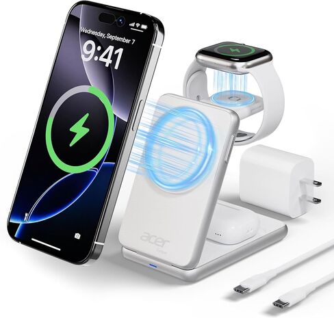 محطة شحن Acer 3 في 1 لهاتف iPhone، حامل شاحن لاسلكي، شاحن MagSafe سريع 15 وات لسلسلة iPhone 17 16 15 14 13 12 - Apple Watch 10 9 8 7 6 5 4 3 2 SE وUltra Series -Airpods 4 3 2 Pro Series in Saudi Arabia