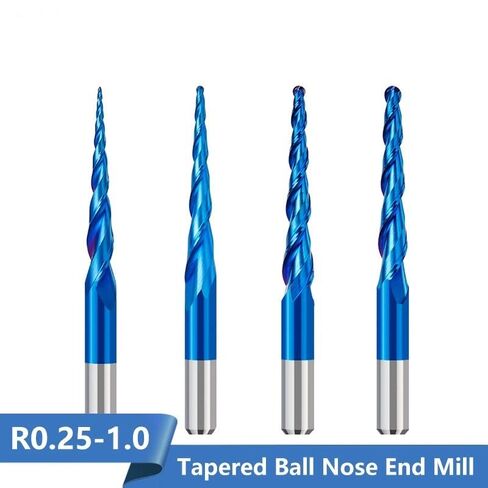 4pcs 2-Flute Tapered Ball Nose Spiral End Mill R0.25-1.0 Carbide Milling Cutter CNC Router Bit Wood Cutters Tools 2D and 3D Engraving Carving Woodworking Bits in Saudi Arabia