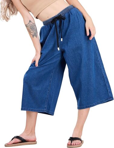 Chartou Women مرنة الخصر عريض الساق Capris اقتصاص السراويل الجينز جينز Palazzo Culottes مع جيب in Saudi Arabia