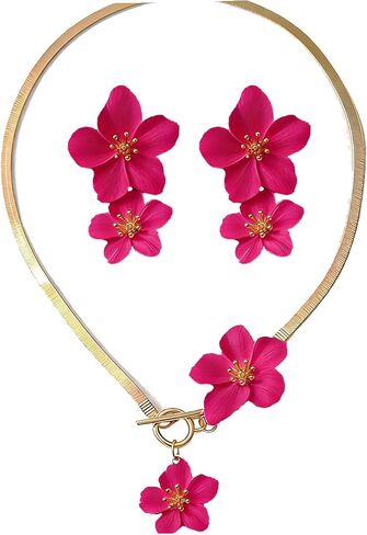Flower Necklace and Earrings Set for Women Boho Flower Jewelry Sets Big Floral Statement Earrings for Women Wedding Jewelry in Saudi Arabia