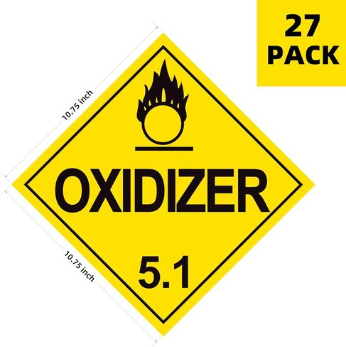 Division 5.1 Oxidizer Placard 27Pack, Worded - 10.75" x 10.75" Removable Self Adhesive Economy Vinyl Stickers for Short-Term Applications, DOT Hazmat Compliant in Saudi Arabia