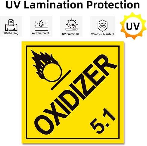 Division 5.1 Oxidizer Placard 27Pack, Worded - 10.75" x 10.75" Removable Self Adhesive Economy Vinyl Stickers for Short-Term Applications, DOT Hazmat Compliant in Saudi Arabia