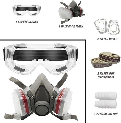 LAUCO Premium Respirator Kit - Reusable Half Face Cover Set with Safety Glasses for Gas, Painting, Machine Polishing, Staining, Car Spraying, Sanding & Cutting, DIY and Other Work Protection in Saudi Arabia