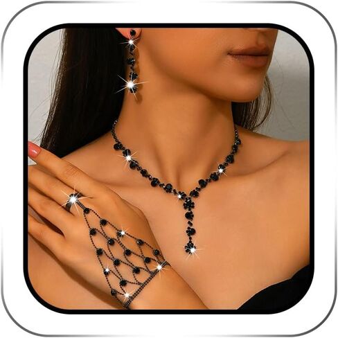 ACEDRE مجموعة مجوهرات سوداء حجر الراين الزفاف قلادة أقراط سوار مجموعات اكسسوارات للنساء (3PCS) in Saudi Arabia