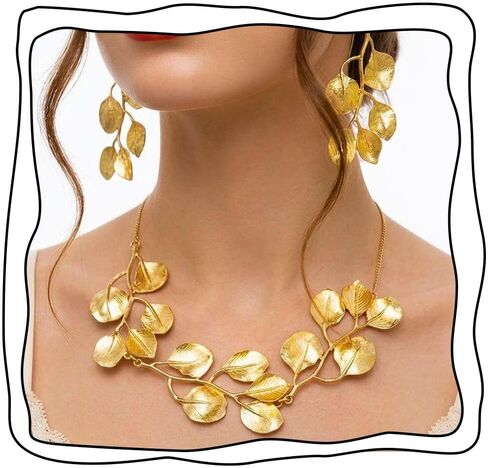 Yean Gold Leaf Wedding Jewelry Sets Bridal Necklace and Earring Set Leaves Necklaces for Women in Kuwait