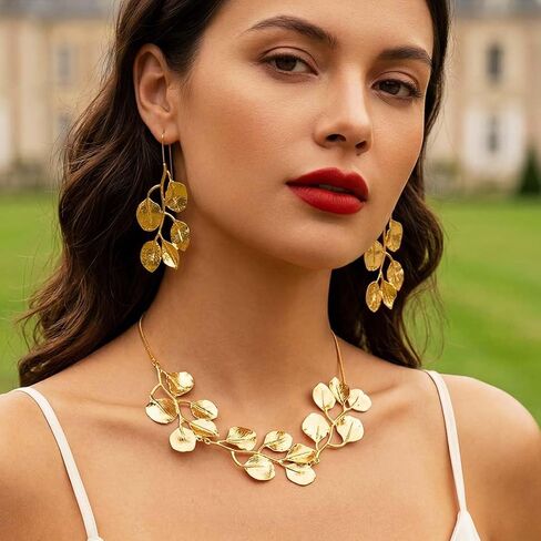 Yean Gold Leaf Wedding Jewelry Sets Bridal Necklace and Earring Set Leaves Necklaces for Women in Kuwait