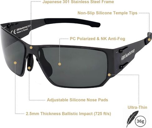 HTS HUNTERSKY M02 0.6 رقيقة يابانية 301 من الفولاذ المقاوم للصدأ خفيفة الوزن MILSPEC 2.5 مللي متر سماكة تأثير الاستقطاب نظارات مضادة للضباب in Kuwait