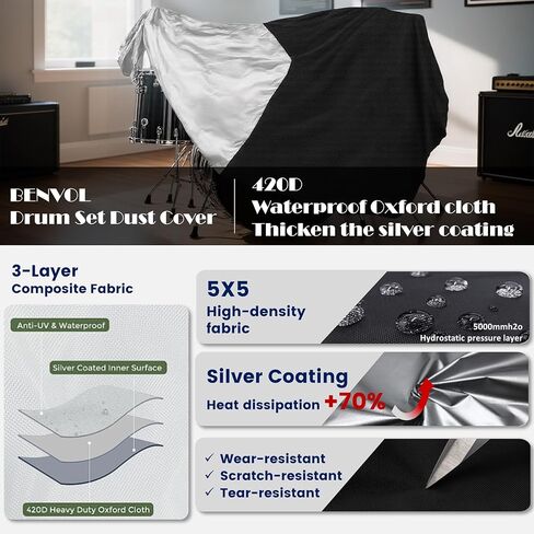BENVOL Drum Set Dust Cover - Waterproof 420D Oxford Fabric with UV Protection & Drawstring, Extra Large 78x106 Inches for Drum Kit Protection, Stage & Storage Use in Kuwait