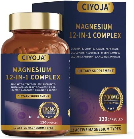 12 in 1 Magnesium Complex 700mg: Magnesium Supplement with Glycinate, Citrate, Malate, Taurate, High Absorption Magnesium for Sleep, Muscle Recovery, Nerve & Heart Support, Vegan, 120 Capsules in Kuwait