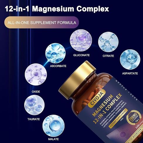 12 in 1 Magnesium Complex 700mg: Magnesium Supplement with Glycinate, Citrate, Malate, Taurate, High Absorption Magnesium for Sleep, Muscle Recovery, Nerve & Heart Support, Vegan, 120 Capsules in Kuwait