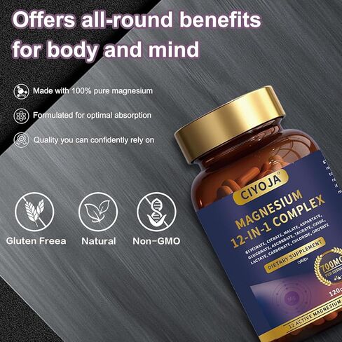 12 in 1 Magnesium Complex 700mg: Magnesium Supplement with Glycinate, Citrate, Malate, Taurate, High Absorption Magnesium for Sleep, Muscle Recovery, Nerve & Heart Support, Vegan, 120 Capsules in Kuwait