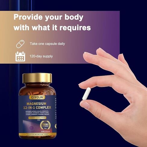 12 in 1 Magnesium Complex 700mg: Magnesium Supplement with Glycinate, Citrate, Malate, Taurate, High Absorption Magnesium for Sleep, Muscle Recovery, Nerve & Heart Support, Vegan, 120 Capsules in Kuwait