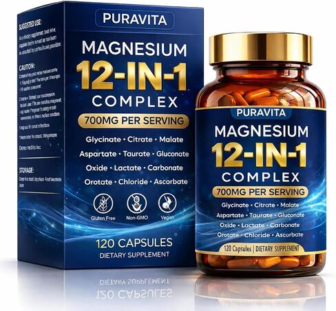 Puravita Magnesium Complex, Puravita 12 in 1 Magnesium Supplement 700mg with Glycinate, Citrate, Malate, Oxide, Taurate & More – High Absorption for Muscle, Nerve & Sleep Support, 120 Capsules in Kuwait