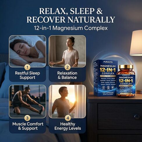 Puravita Magnesium Complex, Puravita 12 in 1 Magnesium Supplement 700mg with Glycinate, Citrate, Malate, Oxide, Taurate & More – High Absorption for Muscle, Nerve & Sleep Support, 120 Capsules in Kuwait