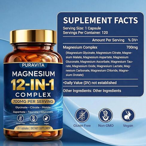Puravita Magnesium Complex, Puravita 12 in 1 Magnesium Supplement 700mg with Glycinate, Citrate, Malate, Oxide, Taurate & More – High Absorption for Muscle, Nerve & Sleep Support, 120 Capsules in Kuwait