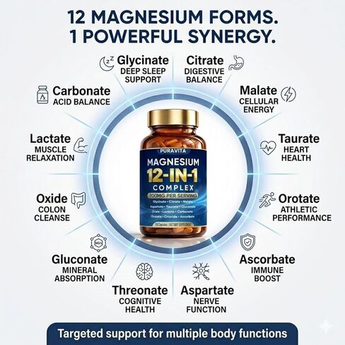 Puravita Magnesium Complex, Puravita 12 in 1 Magnesium Supplement 700mg with Glycinate, Citrate, Malate, Oxide, Taurate & More – High Absorption for Muscle, Nerve & Sleep Support, 120 Capsules in Kuwait