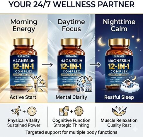 Puravita Magnesium Complex, Puravita 12 in 1 Magnesium Supplement 700mg with Glycinate, Citrate, Malate, Oxide, Taurate & More – High Absorption for Muscle, Nerve & Sleep Support, 120 Capsules in Kuwait