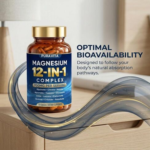 Puravita Magnesium Complex, Puravita 12 in 1 Magnesium Supplement 700mg with Glycinate, Citrate, Malate, Oxide, Taurate & More – High Absorption for Muscle, Nerve & Sleep Support, 120 Capsules in Kuwait
