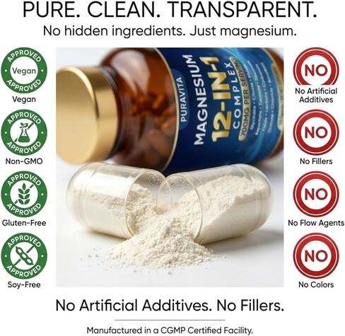 Puravita Magnesium Complex, Puravita 12 in 1 Magnesium Supplement 700mg with Glycinate, Citrate, Malate, Oxide, Taurate & More – High Absorption for Muscle, Nerve & Sleep Support, 120 Capsules in Kuwait