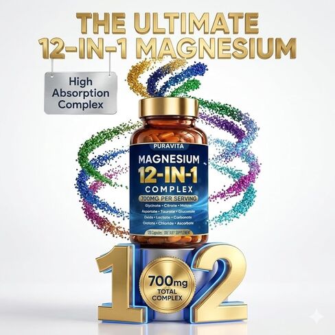 Puravita Magnesium Complex, Puravita 12 in 1 Magnesium Supplement 700mg with Glycinate, Citrate, Malate, Oxide, Taurate & More – High Absorption for Muscle, Nerve & Sleep Support, 120 Capsules in Kuwait