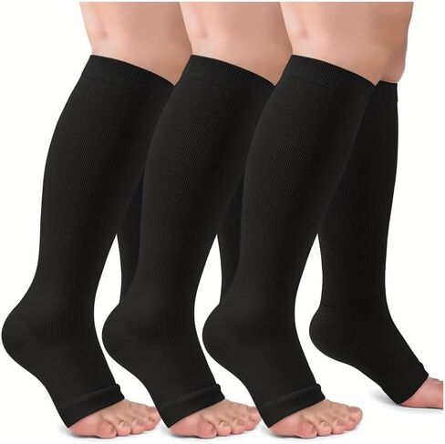 3Pair Sports Compression Black Socks Unisex Knee High Open Toe Length for Varicose Vein Swollen Legs in Saudi Arabia