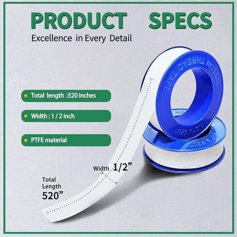 4 Rolls 1/2 Inch(W) X 520 Inches(L) Teflon Tape PTFE Thread Sealant Plumbers Tape for Seal Water Pipe, Shower Head,Prevent Leakage, White in Kuwait