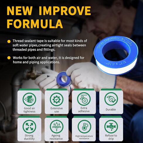 4 Rolls 1/2 Inch(W) X 520 Inches(L) Teflon Tape PTFE Thread Sealant Plumbers Tape for Seal Water Pipe, Shower Head,Prevent Leakage, White in Kuwait