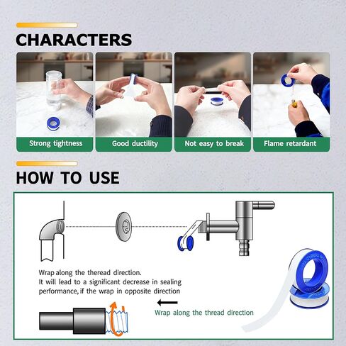 4 Rolls 1/2 Inch(W) X 520 Inches(L) Teflon Tape PTFE Thread Sealant Plumbers Tape for Seal Water Pipe, Shower Head,Prevent Leakage, White in Kuwait