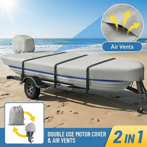 900D Jon Boat Cover with Metal Buckles,Waterproof Heavy Duty Cover for Jon Boat,Marine Grade Polyester Canvas Replacement with Motor Cover,14FT & Gray in Saudi Arabia