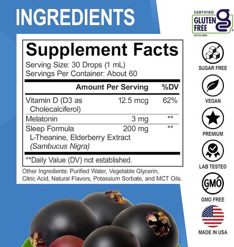 سائل الميلاتونين السائل للأطفال - مساعد النوم السحري للأطفال - سائل الميلاتونين 3 ملغ من قطرات التوت، D3، L الثيانين - مساعدات النوم للأطفال، مكمل L-الثيانين الطبيعي الهادئ، أساسيات سفر الأطفال الصغار 2 أونصة سائلة in Kuwait