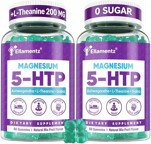 5HTP Gummies + GABA - خالي من الميلاتونين - جليسينات المغنيسيوم، أشواغاندا، إل-ثيانين، إل-تريبتوفان وفيتامين د3 | علكات الاسترخاء والهدوء | الدعم الليلي للبالغين 2 حزمة in Kuwait