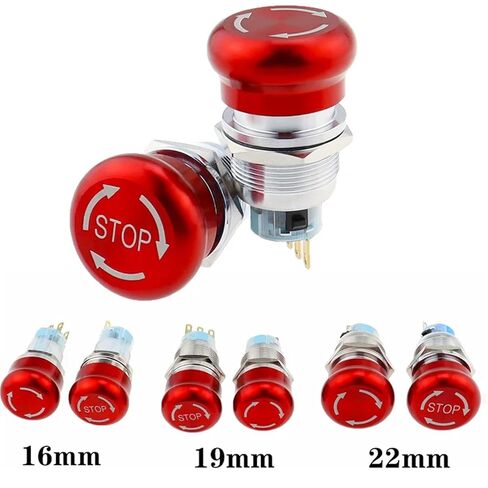 1 قطعة مفتاح زر الضغط، 16/19/22 مم معدن الألومنيوم الإغلاق NO NC 2NO 2NC دبوس محطة زر إيقاف الفطر الأحمر (أسود، 19 مم، 2NO2NC 6PIN) in Kuwait