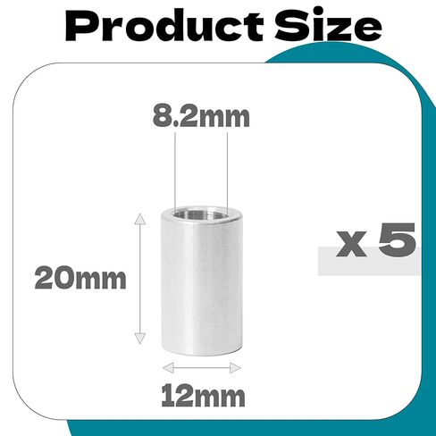 5 قطع فواصل ألومنيوم M8، فاصل معدني ألومنيوم دائري 8.2 مم ID x 12 مم OD x 20 مم L سمك برغي المواجهة لمسامير M8 فضية in Kuwait