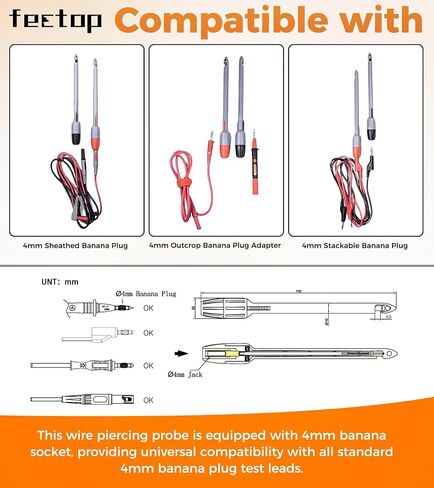 4 قطع من مسبار ثقب الأسلاك، مجموعة مشبك ثقب العزل لقياس الجهد الكهربائي المتعدد وإصلاح تشخيص السيارات واستكشاف أخطاء دائرة الاختبار الكهربائية وإصلاحها (طول 4 مم - قصير) in Kuwait